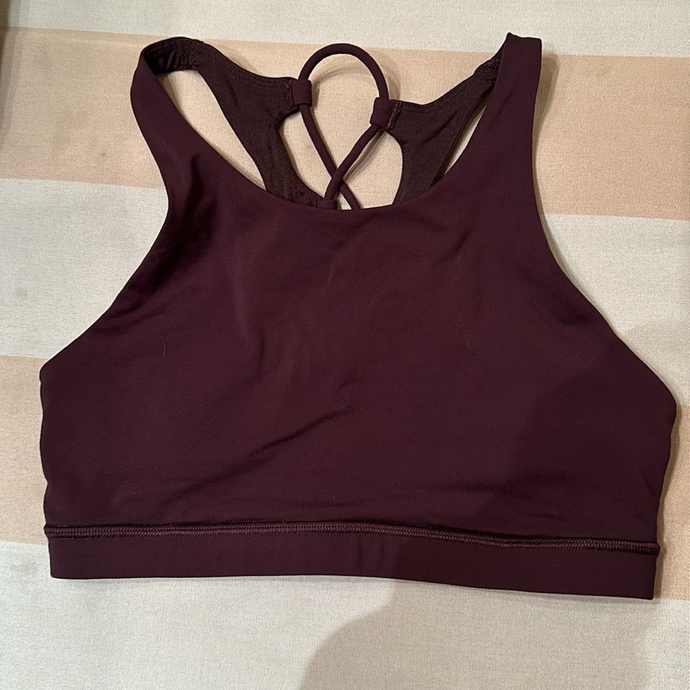 Lululemon burgundy sports bra with strappy back.